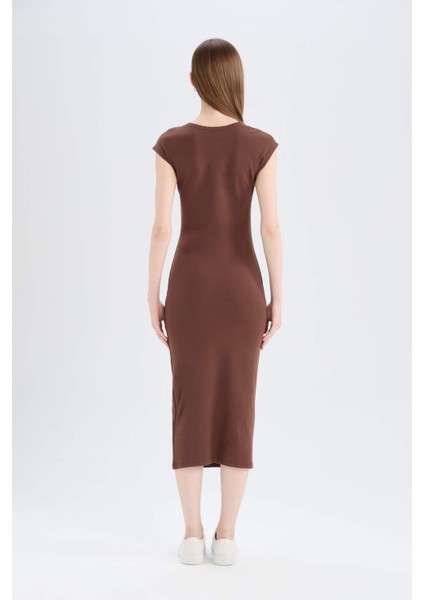 Bodycon Vücudu Saran Bisiklet Yaka Ribana Kısa Kollu Midi Elbise D5220AX25SP