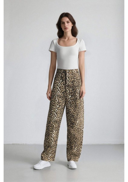 Baggy Fit Leopar Desenli Yüksek Bel Standart Boy Gabardin Pantolon D8149AX25SP