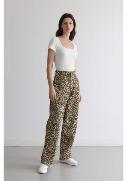 Baggy Fit Leopar Desenli Yüksek Bel Standart Boy Gabardin Pantolon D8149AX25SP