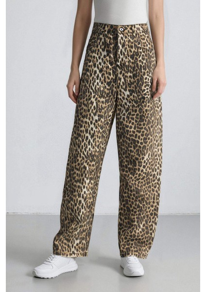 Baggy Fit Leopar Desenli Yüksek Bel Standart Boy Gabardin Pantolon D8149AX25SP