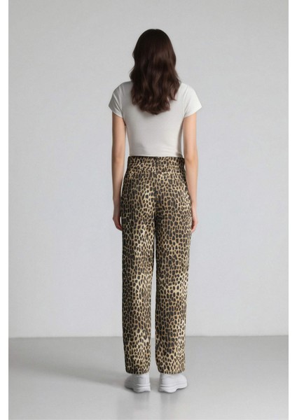 Baggy Fit Leopar Desenli Yüksek Bel Standart Boy Gabardin Pantolon D8149AX25SP