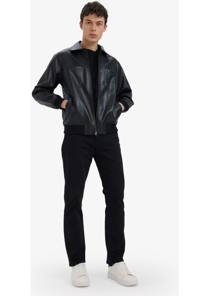 Su İtici Regular Fit Gömlek Yaka Fermuarlı İç Cepli Suni Deri Mevsimlik Ceket Mont C5843AX25AU