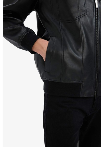 Su İtici Regular Fit Gömlek Yaka Fermuarlı İç Cepli Suni Deri Mevsimlik Ceket Mont C5843AX25AU