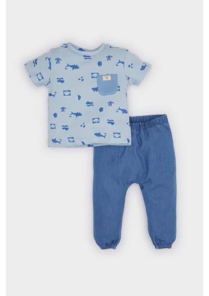 Erkek Bebek 2'li Takım Baskılı Kısa Kollu Tişört Jean Pantolon