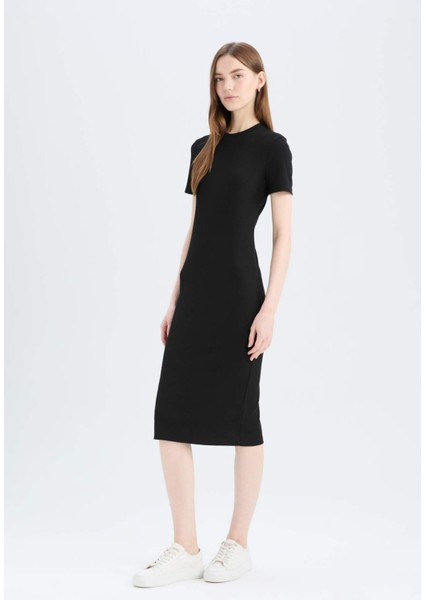 Bodycon Vücudu Saran Bisiklet Yaka Basic Düz Fitilli Kaşkorse Kısa Kollu Midi Elbise E6926AX25SP