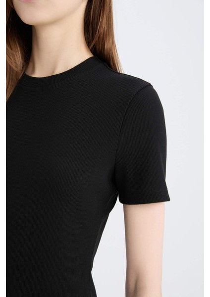 Bodycon Vücudu Saran Bisiklet Yaka Basic Düz Fitilli Kaşkorse Kısa Kollu Midi Elbise E6926AX25SP