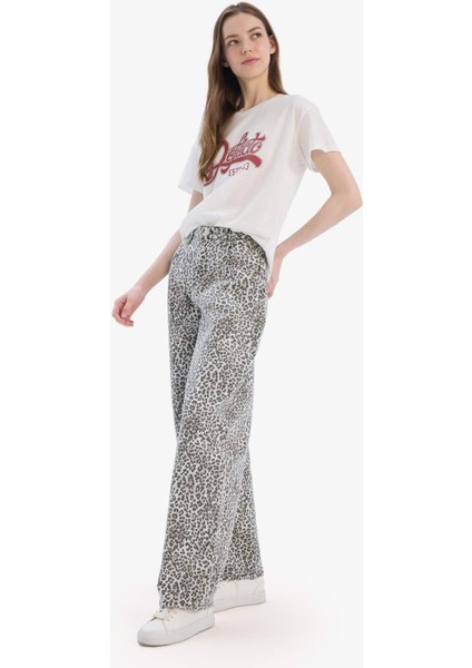 Baggy Fit Gabardin Pantolon Yüksek Bel Leopar Desenli Standart Boy D8149AX25SP