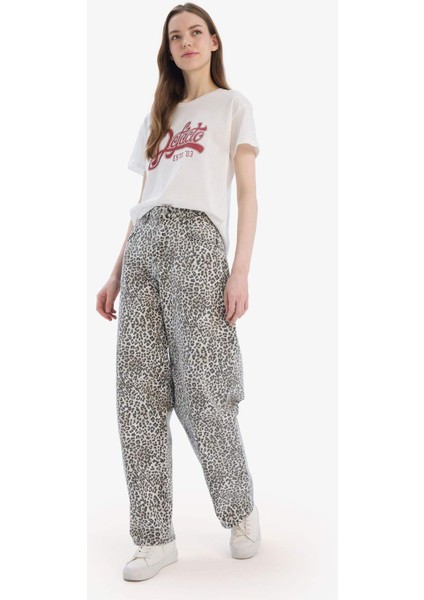 Baggy Fit Gabardin Pantolon Yüksek Bel Leopar Desenli Standart Boy D8149AX25SP