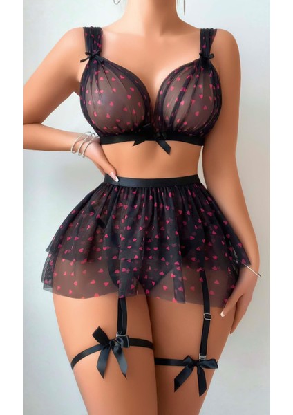 Siyah Şeffaf Kalp Desenli Jartiyer Takım