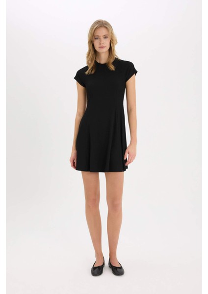 Coool Bisiklet Yaka Basic Düz Fitilli Kaşkorse Kısa Kollu Mini Yazlık Elbise E8134AX25SM