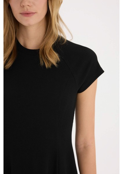 Coool Bisiklet Yaka Basic Düz Fitilli Kaşkorse Kısa Kollu Mini Yazlık Elbise E8134AX25SM