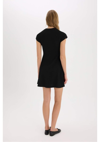 Coool Bisiklet Yaka Basic Düz Fitilli Kaşkorse Kısa Kollu Mini Yazlık Elbise E8134AX25SM