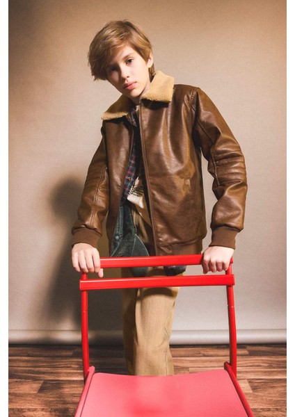 Erkek Çocuk Polo Yaka Pelüş Astar Fermuarlı Mont E7380A825AU