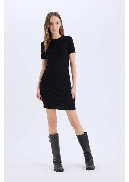 Coool Bodycon Vücudu Saran Bisiklet Yaka Fitilli Kaşkorse Kısa Kollu Mini Elbise E7231AX25SP