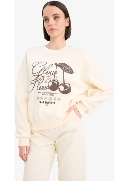 Coool Oversize Geniş Kalıp Bisiklet Yaka Baskılı Kalın Sweatshirt E7638AX25SP