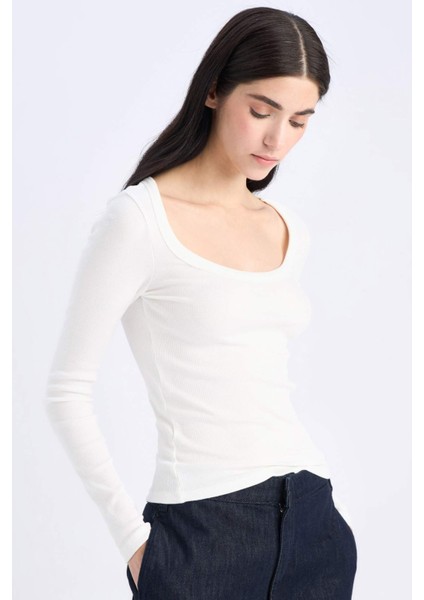 Slim Fit Dar Kesim Basic Düz Fitilli Kaşkorse Uzun Kollu Beyaz Tişört E5768AX25SP