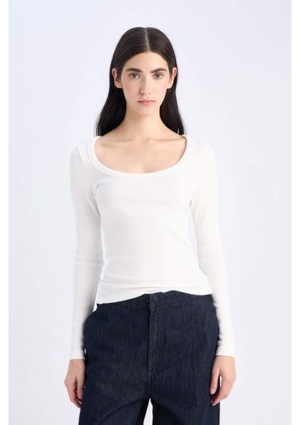 Slim Fit Dar Kesim Basic Düz Fitilli Kaşkorse Uzun Kollu Beyaz Tişört E5768AX25SP