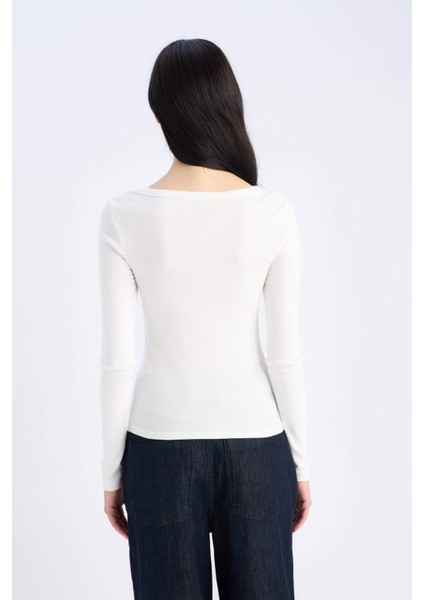 Slim Fit Dar Kesim Basic Düz Fitilli Kaşkorse Uzun Kollu Beyaz Tişört E5768AX25SP