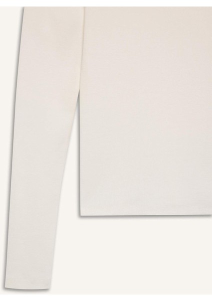 Slim Fit Dar Kesim Basic Düz Fitilli Kaşkorse Uzun Kollu Beyaz Tişört E5768AX25SP