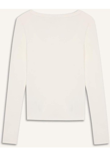 Slim Fit Dar Kesim Basic Düz Fitilli Kaşkorse Uzun Kollu Beyaz Tişört E5768AX25SP