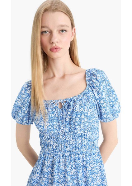 Coool Kare Yaka Çiçekli Bürümcük Kısa Kollu Mini Yazlık Elbise E0874AX25SM