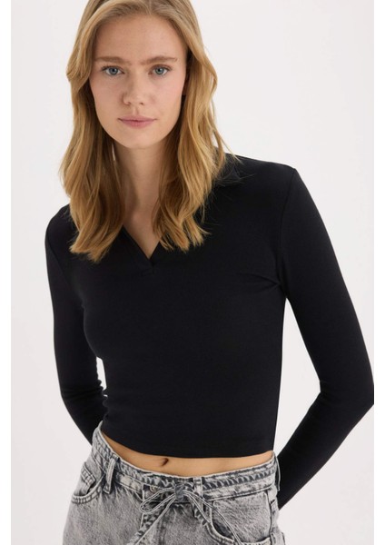 Fitted Polo Yaka Basic Düz Modal Uzun Kollu Siyah Tişört E7938AX25SP