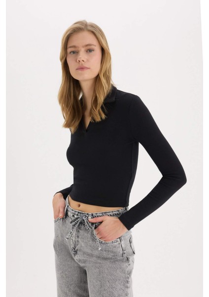 Fitted Polo Yaka Basic Düz Modal Uzun Kollu Siyah Tişört E7938AX25SP