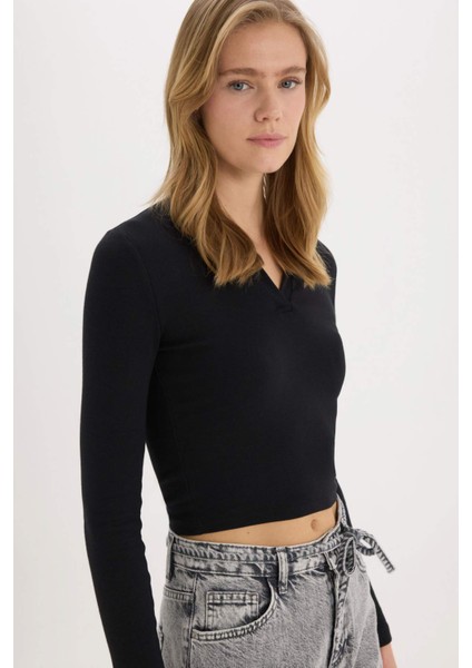 Fitted Polo Yaka Basic Düz Modal Uzun Kollu Siyah Tişört E7938AX25SP