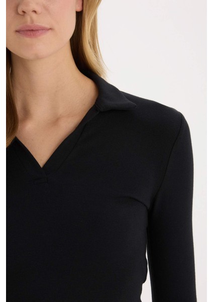 Fitted Polo Yaka Basic Düz Modal Uzun Kollu Siyah Tişört E7938AX25SP