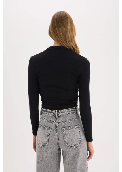 Fitted Polo Yaka Basic Düz Modal Uzun Kollu Siyah Tişört E7938AX25SP