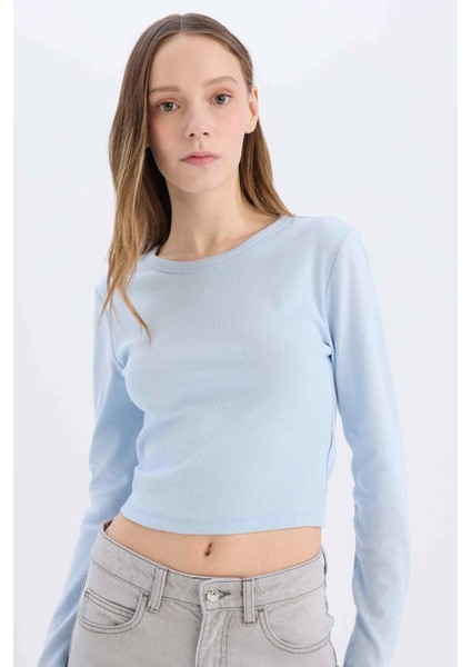 Fitted Basic Düz Ribana Uzun Kollu Tişört E7797AX25SP