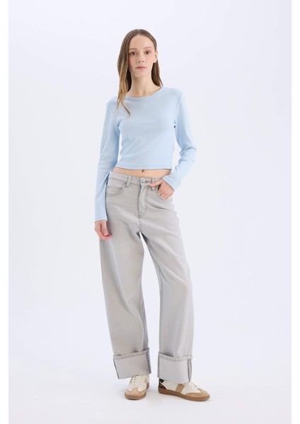 Fitted Basic Düz Ribana Uzun Kollu Tişört E7797AX25SP