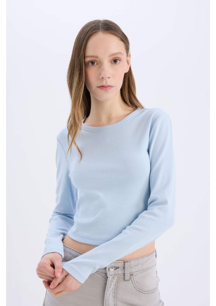 Fitted Basic Düz Ribana Uzun Kollu Tişört E7797AX25SP