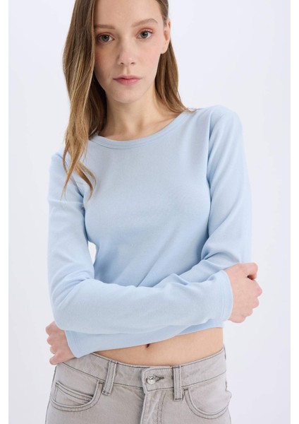 Fitted Basic Düz Ribana Uzun Kollu Tişört E7797AX25SP