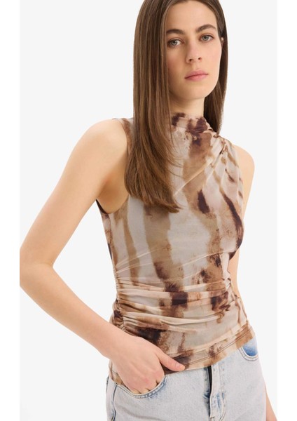 Slim Fit Dar Kesim Batik Bisiklet Yaka Tül Kolsuz Bluz E8471AX25SP