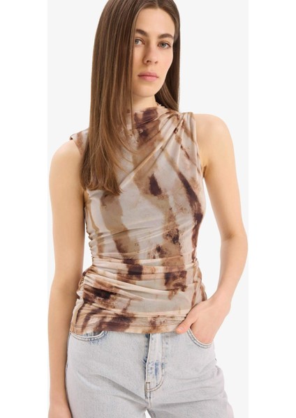 Slim Fit Dar Kesim Batik Bisiklet Yaka Tül Kolsuz Bluz E8471AX25SP