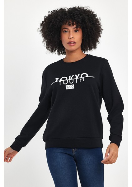 Kadın Bisiklet Yaka Rahat Kalıp 3 Iplik Kalın Tokyo Baskılı Sweatshirt SPR24SWK30 modelleri