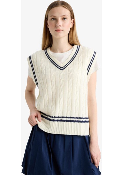 Coool Regular Fit V Yaka Saç Örgü Desenli Triko Süveter D4686AX25WN