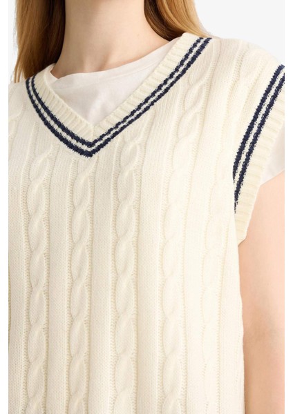Coool Regular Fit V Yaka Saç Örgü Desenli Triko Süveter D4686AX25WN