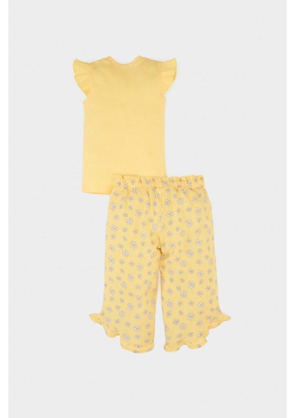 Kız Bebek 2'li Takım Kısa Kollu Tişört Çiçekli Krinkıl Viskon Pantolon E7798A525SM