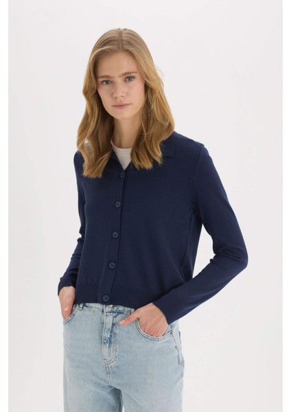 Regular Fit Polo Yaka Basic Düz Triko Hırka E7142AX25SP