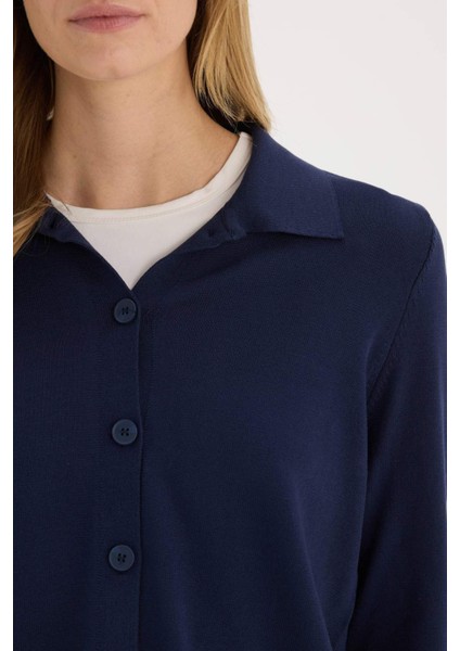 Regular Fit Polo Yaka Basic Düz Triko Hırka E7142AX25SP