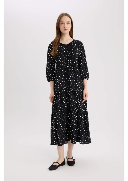 Regular Fit Desenli V Yaka Uzun Kollu Maxi Elbise E8302AX25SP