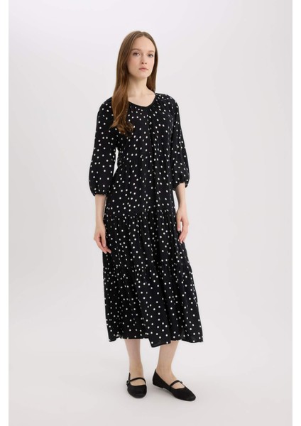 Regular Fit Desenli V Yaka Uzun Kollu Maxi Elbise E8302AX25SP