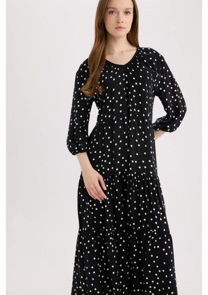 Regular Fit Desenli V Yaka Uzun Kollu Maxi Elbise E8302AX25SP