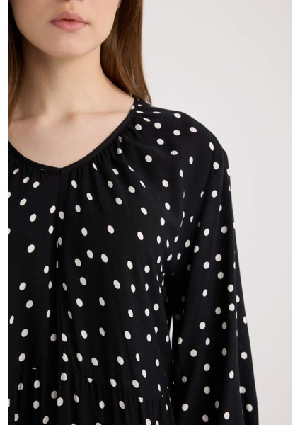 Regular Fit Desenli V Yaka Uzun Kollu Maxi Elbise E8302AX25SP