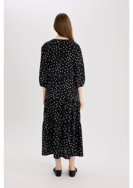 Regular Fit Desenli V Yaka Uzun Kollu Maxi Elbise E8302AX25SP