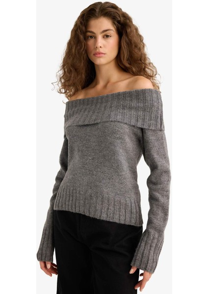 Slim Fit Dar Kesim Açık Omuz Triko Kazak E8345AX25WN