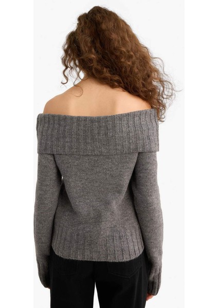 Slim Fit Dar Kesim Açık Omuz Triko Kazak E8345AX25WN