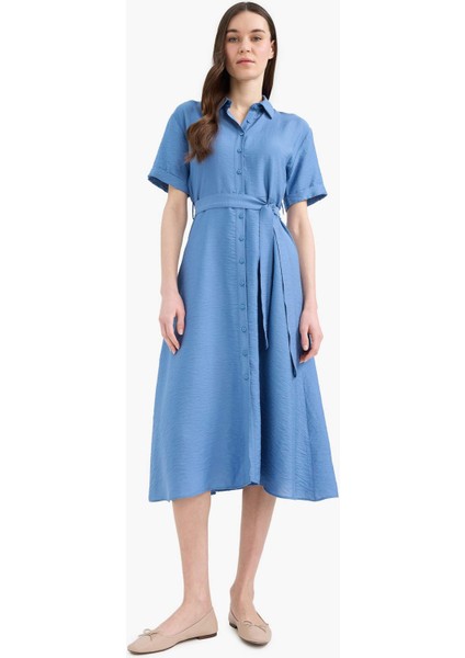 Regular Fit Gömlek Yaka Kuşaklı Kısa Kollu Midi Elbise E7932AX25SP